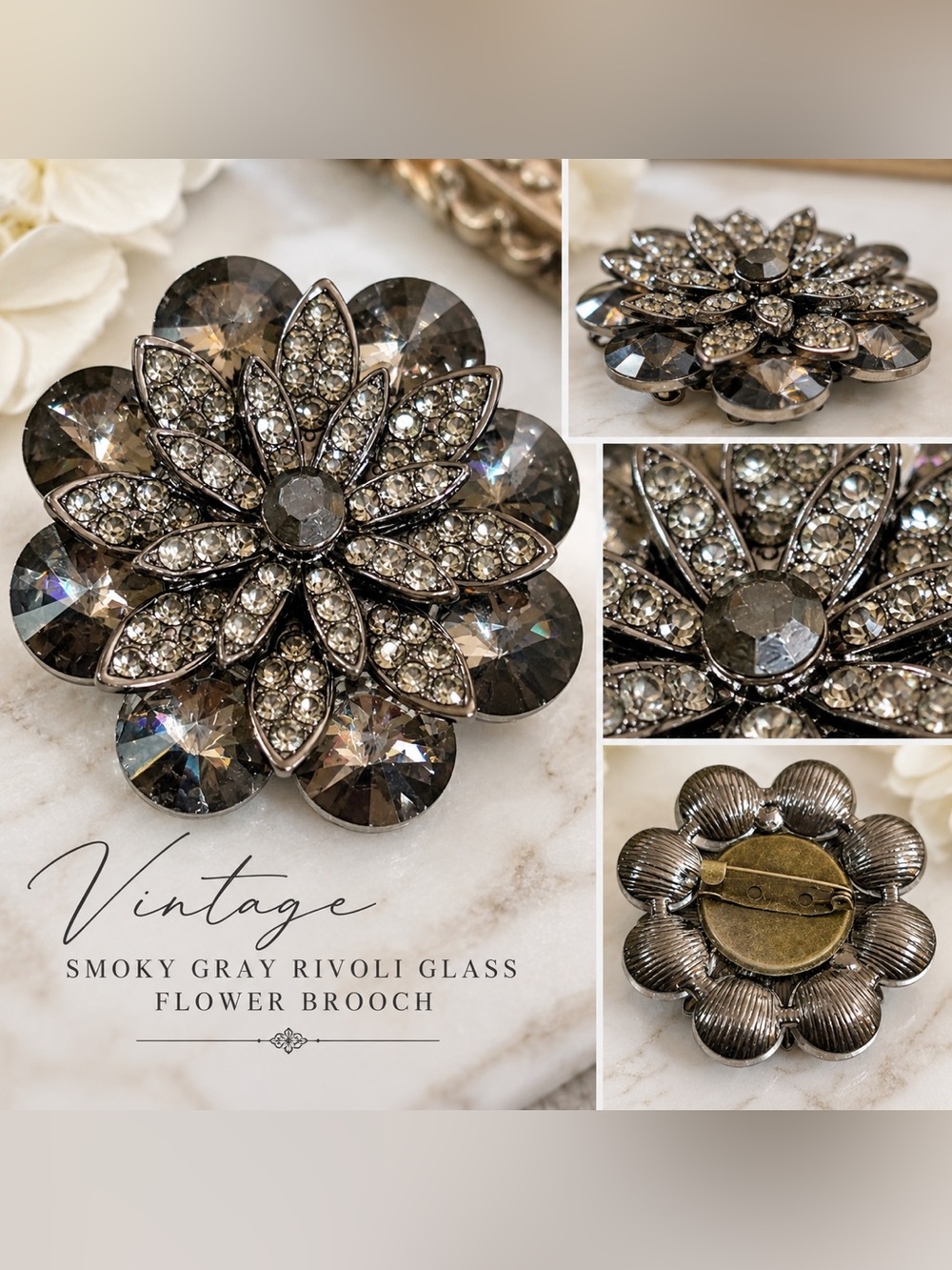 Smoky Gray Rivoli Glass and Rhinestone Flower Brooch - Vintage Style